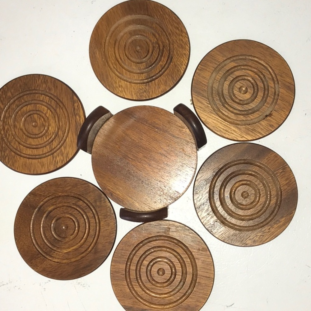 6 Vintage Hardwood Decorative Coasters and Holder No Chips Mid Century Modern